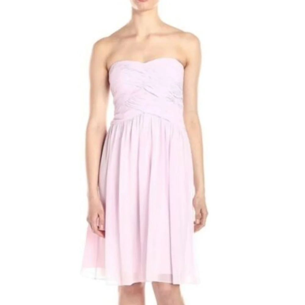 💚5/$25 Donna Morgan Chiffon Ann Formal Dress Petal Pink Strapless 237619 Size 8